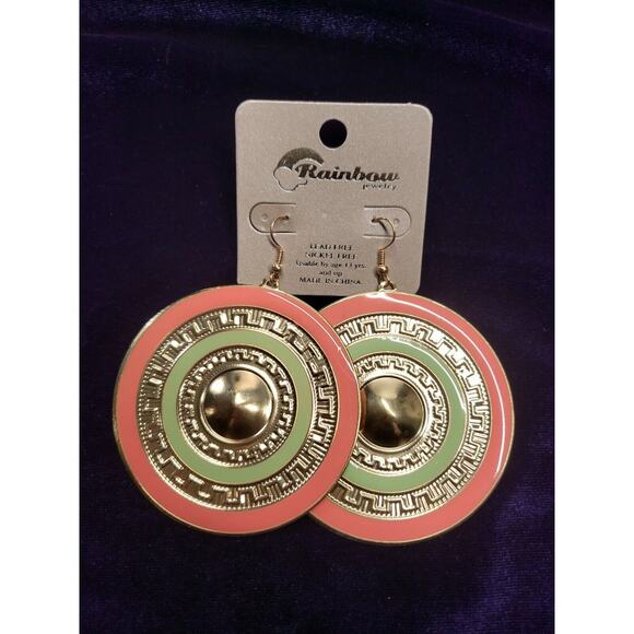 Rainbow Brand BOHO Style Earrings, Very Large, Gold Tone, Pink & Green, NWT - Picture 1 of 7